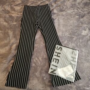 Shein Womens Large 8-10 Black White Striped Stretch Pants Flared Elastic Waist